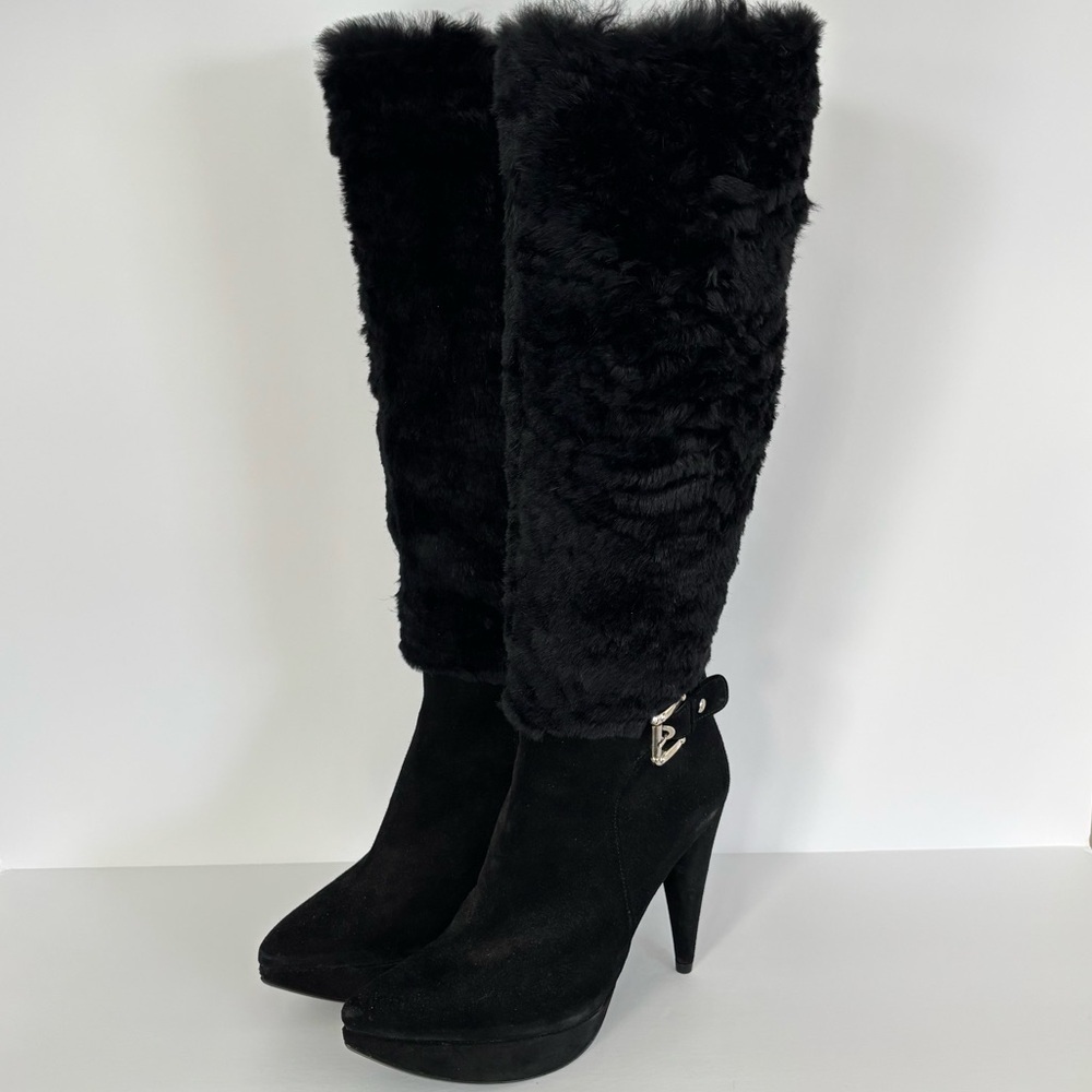 Stuart Weitzman Knee High Black Suede Fox Fur Platform Heeled Boots 6.5 Wide